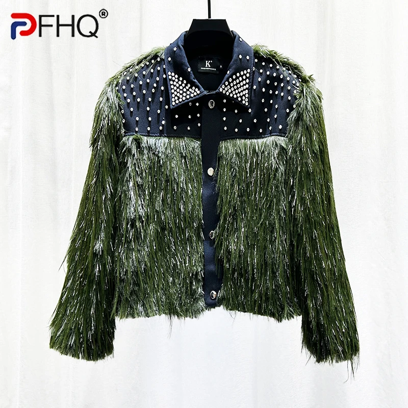 PFHQ Autumn Winter Men Jacket Fashion Diamond Studded Tassel Plush Light Luxury Turn-down Collar Male Tops Fashion 21Z7554