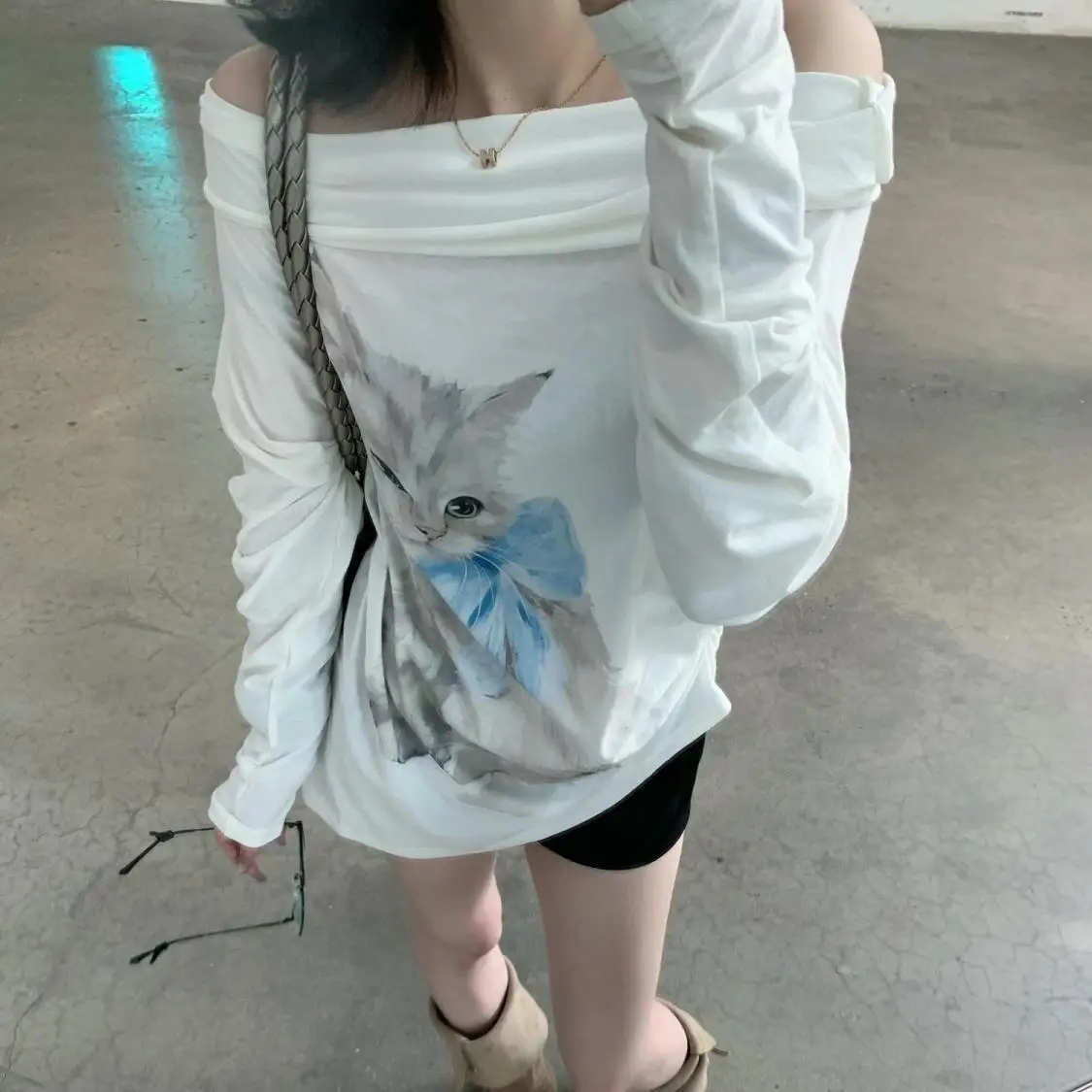

Gagaok Sweet Cat Print T Shirts Women Slanted Shoulder Long Sleeve Top Autumn Korean Fashion Kawaii Clothes Ropa De Mujer