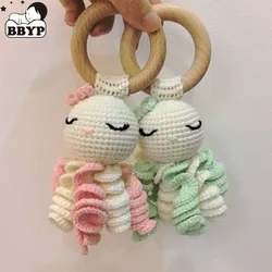Handmade Crochet Rattle Play Gym Pendant for Kids Ocean Crochet Octopus Rattle Mobile Bell Ring Wooden Babies Gym Montessori Toy
