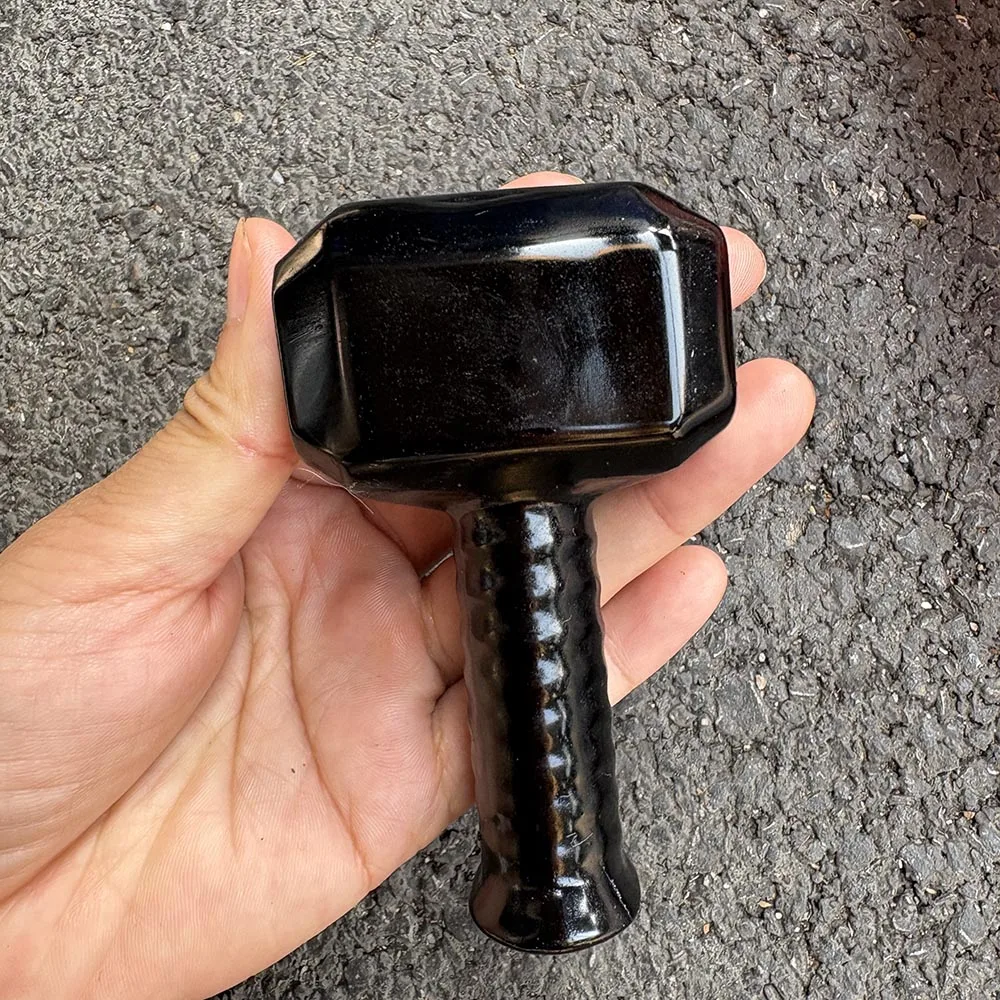 Custom-Natural Obsidian Hammer Figurine, Gemstone Mjolnir Sculpture Tabletop Decor for Energy Protection and Spiritual Strength