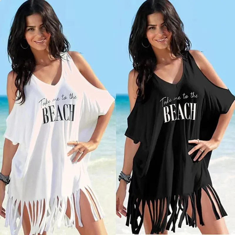 

Summer Beach Bikini Cover Up White Off Shoulder Kaftan Sarong Loose Fringed Tops Casual Swimwear Beachwear