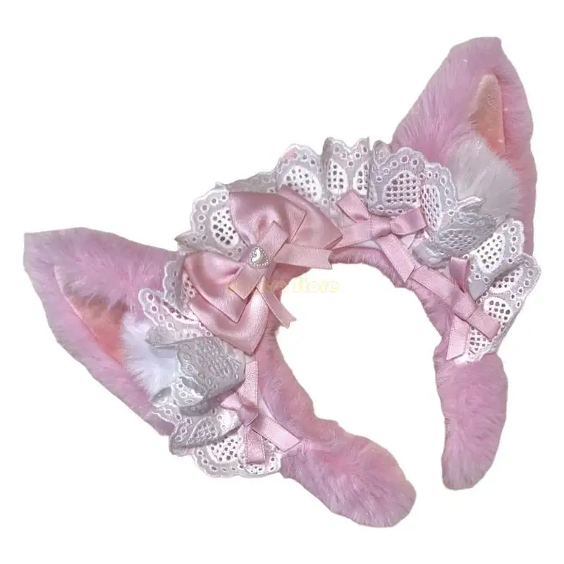 

31BF Lace Bowknot Cats Ear Headband Cosplay Costume Hairhoop Party Headpiece Masquerades Headwear Animes Role Play Headwear