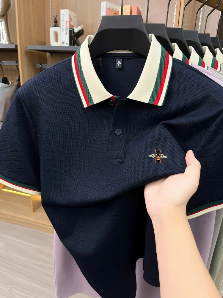 High End Silk Cotton Short Sleeve Men's Polo Shirt Summer Fashion Brand Boutique Bee Embroidery Casual Business Lapel T-shirt — купить у AliExpress WW