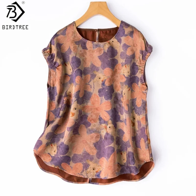 Birdtree, 100% Silk Print Tshirt, Raglan Sleeve O-neck Tops, Women Floral Luo Xiangyunsha Basics Shirt, 2026 Summer New T67114JF