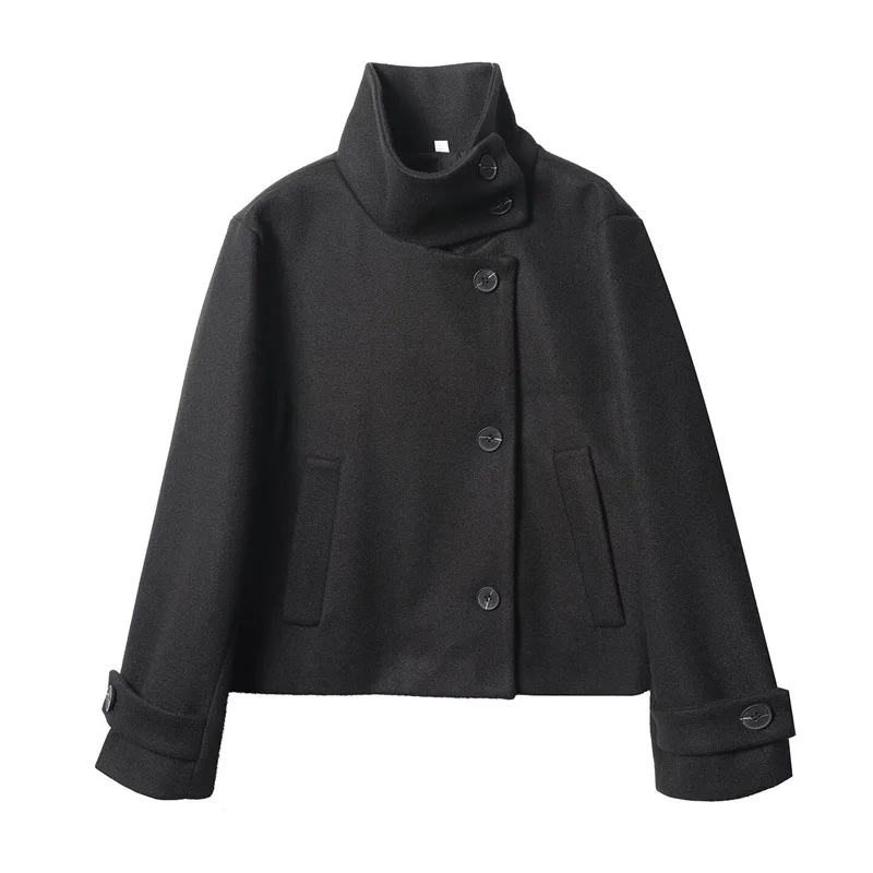 Nine Zar Women's Short Pure Color Jacket Coat Casual Button up Stand Collar Design European Style Long Sleeve Winter Outerwear