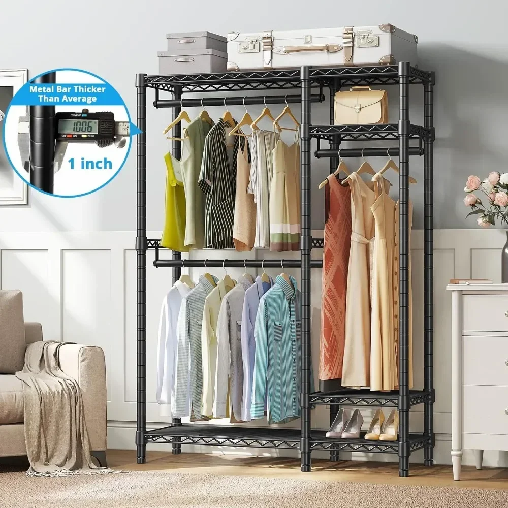 Closet Wardrobe, 4 Tiers Adjustable Wire Shelving Clothing Racks with 3 Hanging Rods, Freestanding Closet Metal Wardrobe Closet