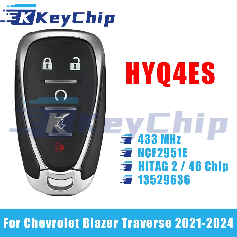 KeyChip Pro For Chevrolet Blazer Traverse 2021-2024 4+1 Buttons Smart Car Key 433 MHz NCF2951E HITAG 2 46 Chip HYQ4ES 13529636