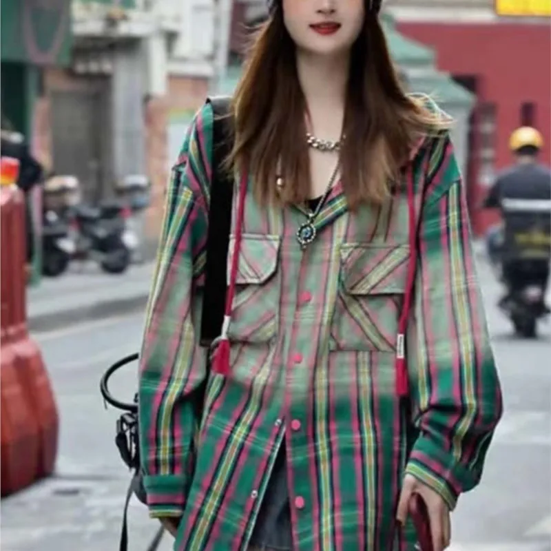 

Long Sleeve Design Minority Fashion Plaid Mid-Length Loose Hooded Washed Shirt