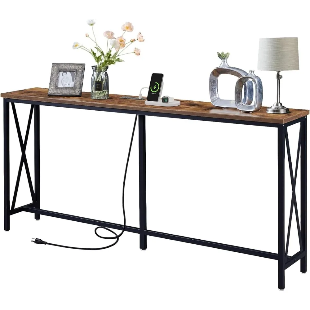 Mesa de console de 70 polegadas com tomada, mesa de entrada extra longa com estrutura de metal e design em forma de X, mesa de sofá estreita.