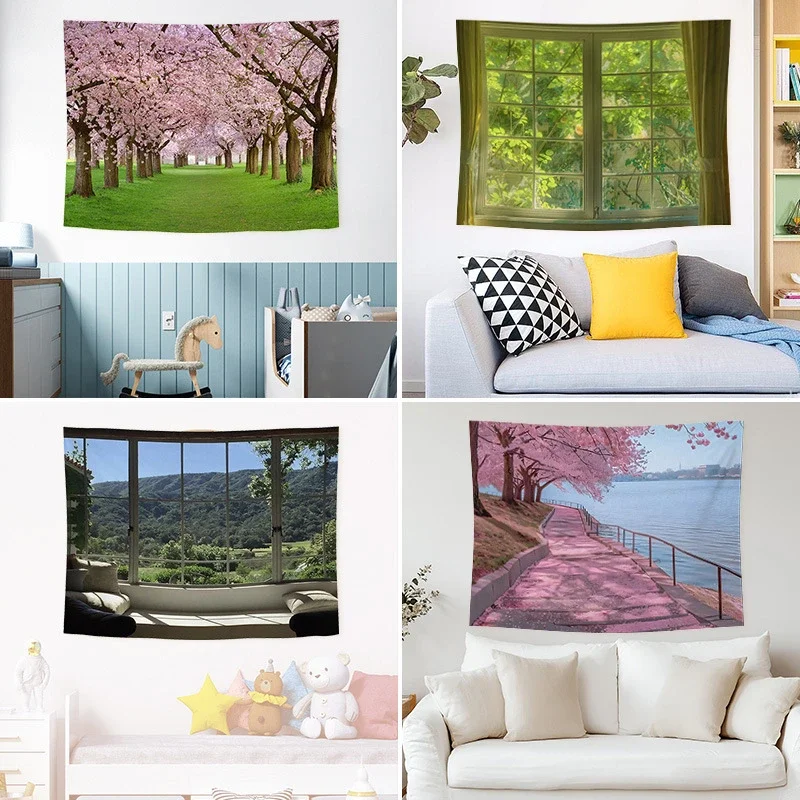 Sakura Window Landscape Tapestry Natural Landscape Wall Hanging Bedroom Living Room Dormitory Home Decoration