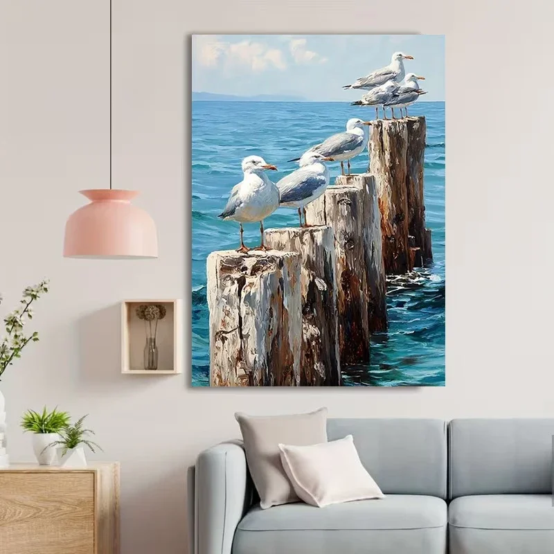 Multiple sizes 1pc frameless Canvas Painting,Coastal Scenery with A Seagull Perched on A Wooden Post Poster and Prints Canvas Pa
