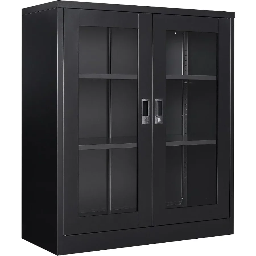 Office storage cabinet for home office, living/dining/utility room; black metal with acrylic doors and shelves; locking feature