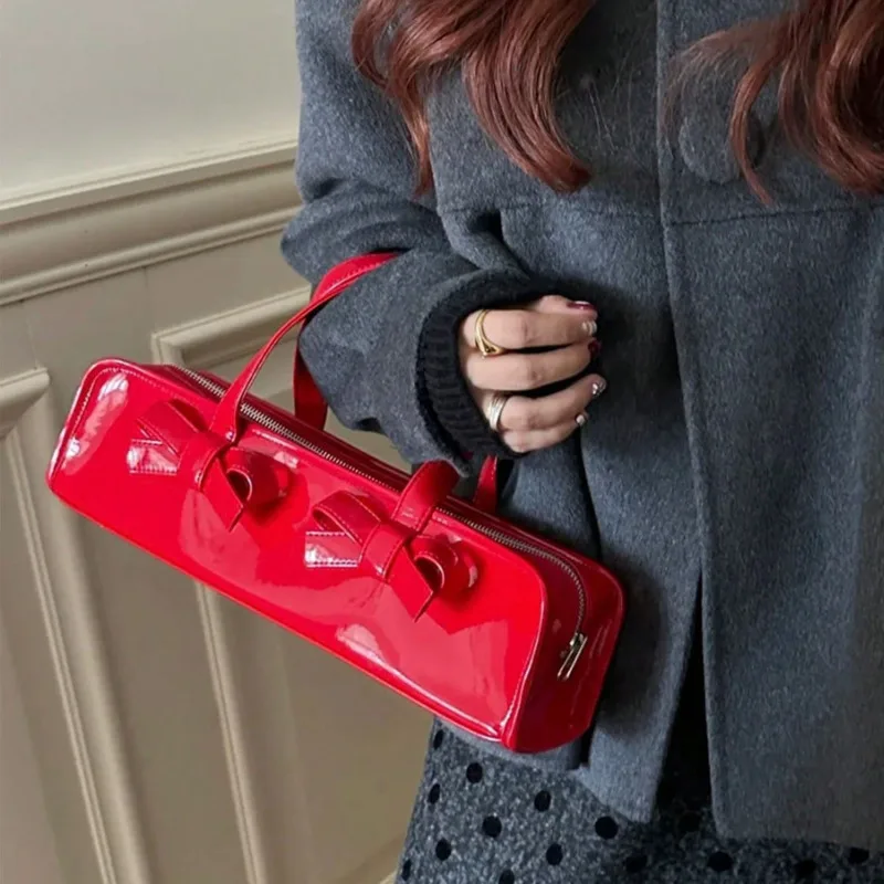 

Fashion Bowknot Handbag Women's 2025 Autumn New Niche Style PU Leather Large Capacity Rectangle Bags Cute Bow Red Black Purse