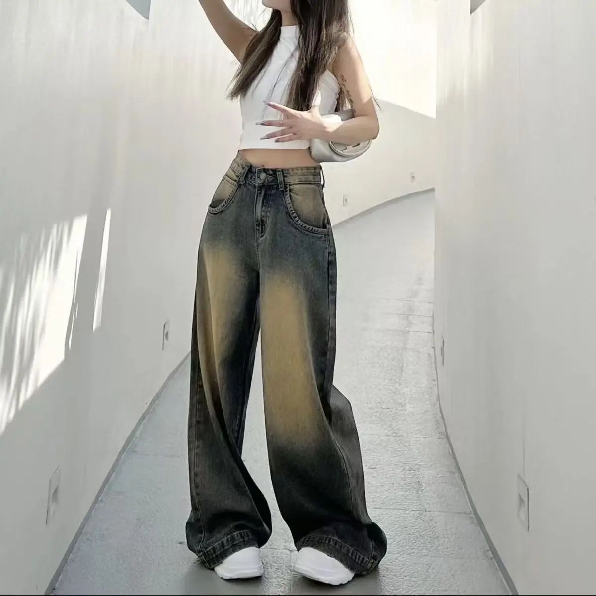 Vintage Blue Y2K Wide Leg Pants Women Jeans 2025 Autumn Denim Pants High Waist Loose Fit Slimming Pockets Trousers American New