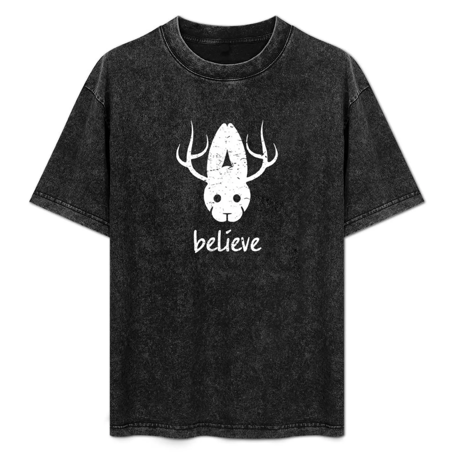 

Believe Jackalope Distressed T Shirt T-Shirt Vintage Print Crew Neck Tee