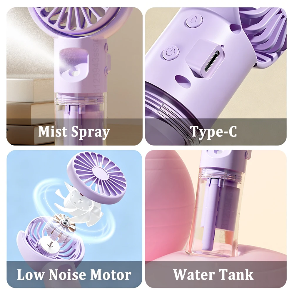Tragbarer Handventilator, Luftbefeuchter-Ventilator, USB-aufladbar, für Outdoor-Camping, Handsprühgerät, persönlicher Ventilator, hängender Nackenventilator, Nebel-Schreibtischventilator – Detail 9