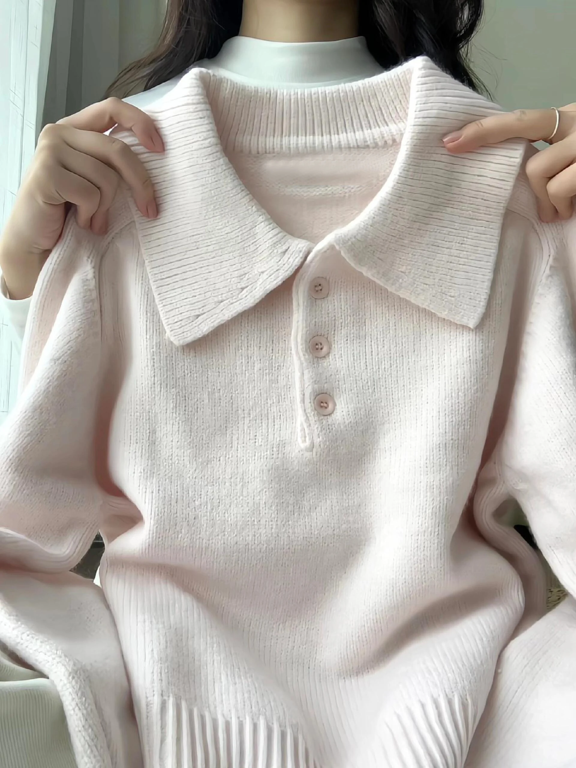 

Autumn Winter Pink Overhead Knitwear Casual Innerwear Outerwear High End Lazy Sle Collar Loose Fit Knitted Sweater