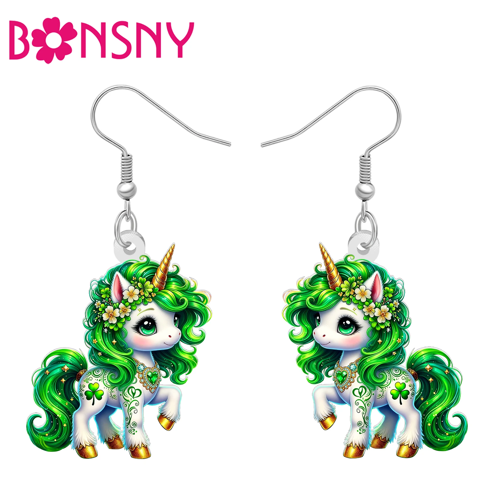 BONSNY Acrylic St Patricks Day Unicorn Earrings Floral Green Clover Cute Horse Animals Jewelry Good Luck Gifts For Women Girls