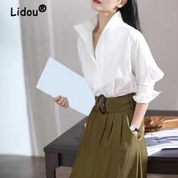 2022 New Autumn Fashion Women's Casual Three-quarter Sleeve Cotton Shirt Elegant Stand Collar White Office Lady Loose Blouse Top