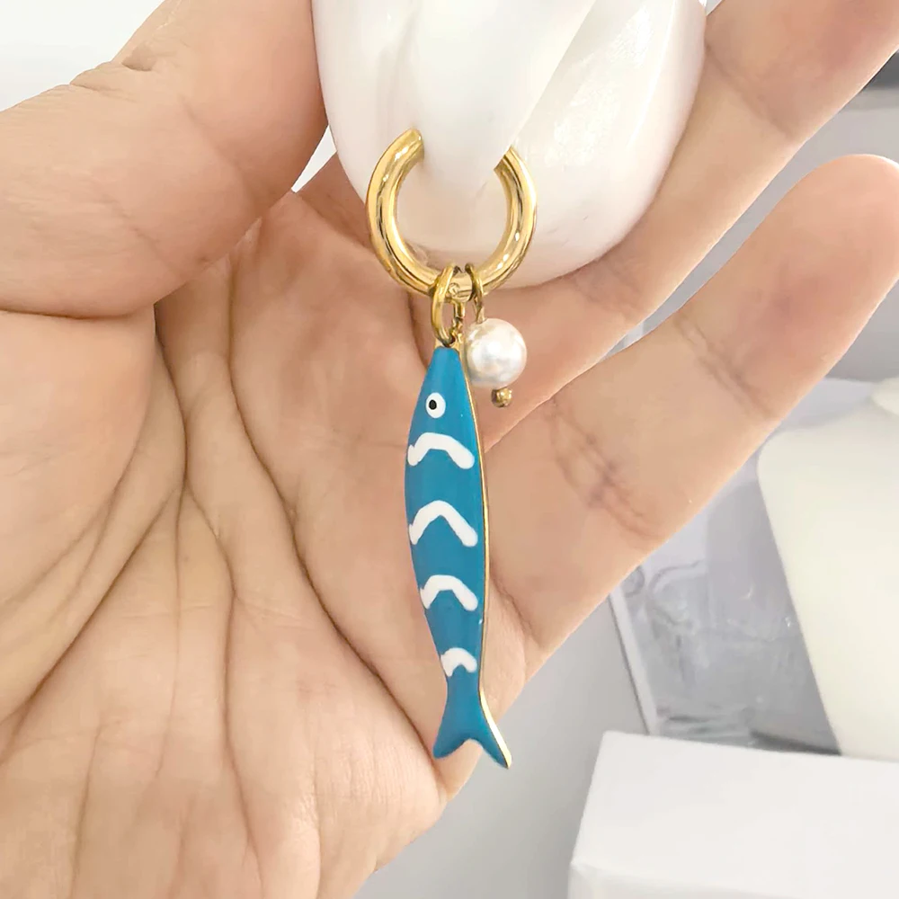 Hängeohrringe für Damen, gestreift, Fischperle, Edelstahl, wasserdicht, goldfarben, Boho-Stil, modischer Sommer-Strand-Ozean-Anhänger – Detail 2