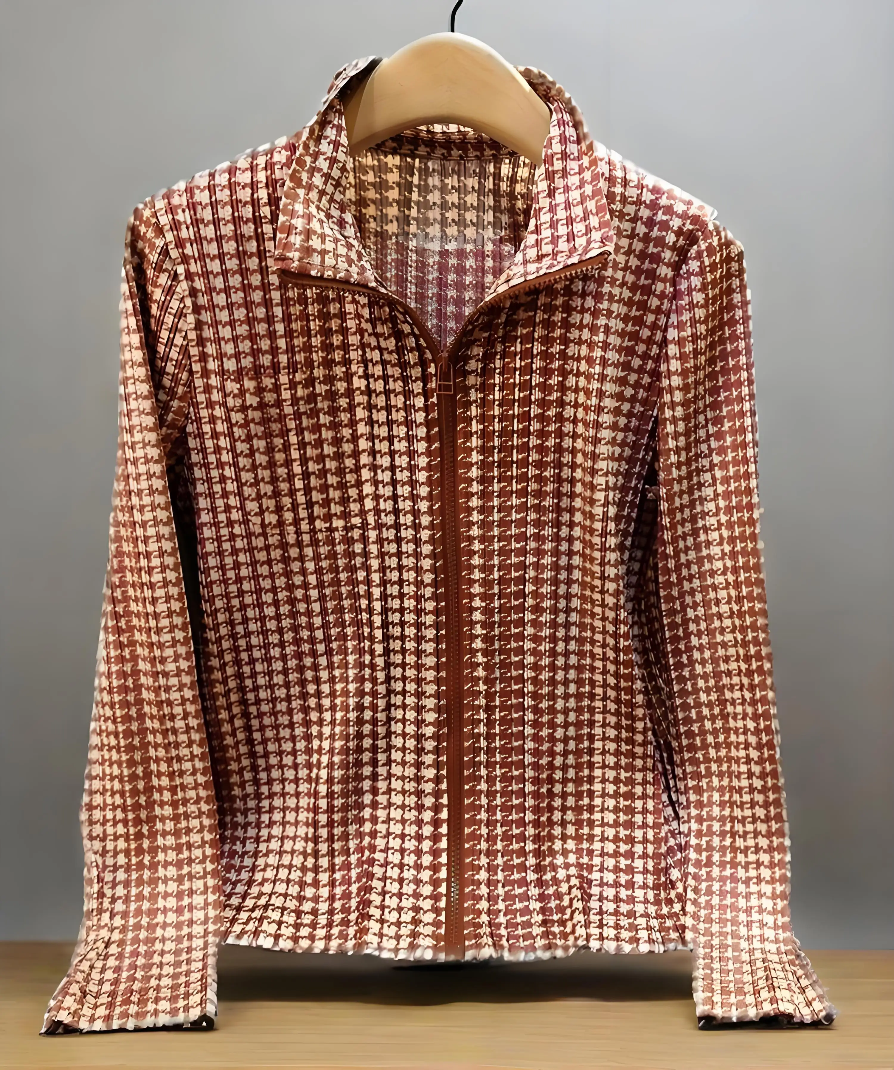 

Miyake's New Spring Niche Design Sense, Thousand Bird Grid Long-sleeved Lapel Top, Thin Elastic Waist Skirt Two-piece Set