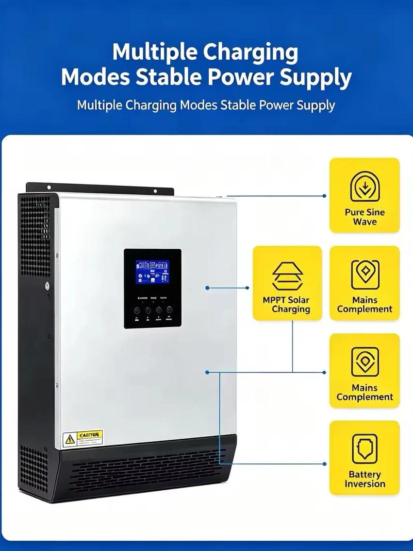 ECGSOLAX 3KVA PS‑3K 120V Hybrid Solar Inverter Charger 24V DC to 120V AC Pure Sine Wave Off‑Grid Inverter Built‑in Solar & AC Battery Charger for Home Power Backup