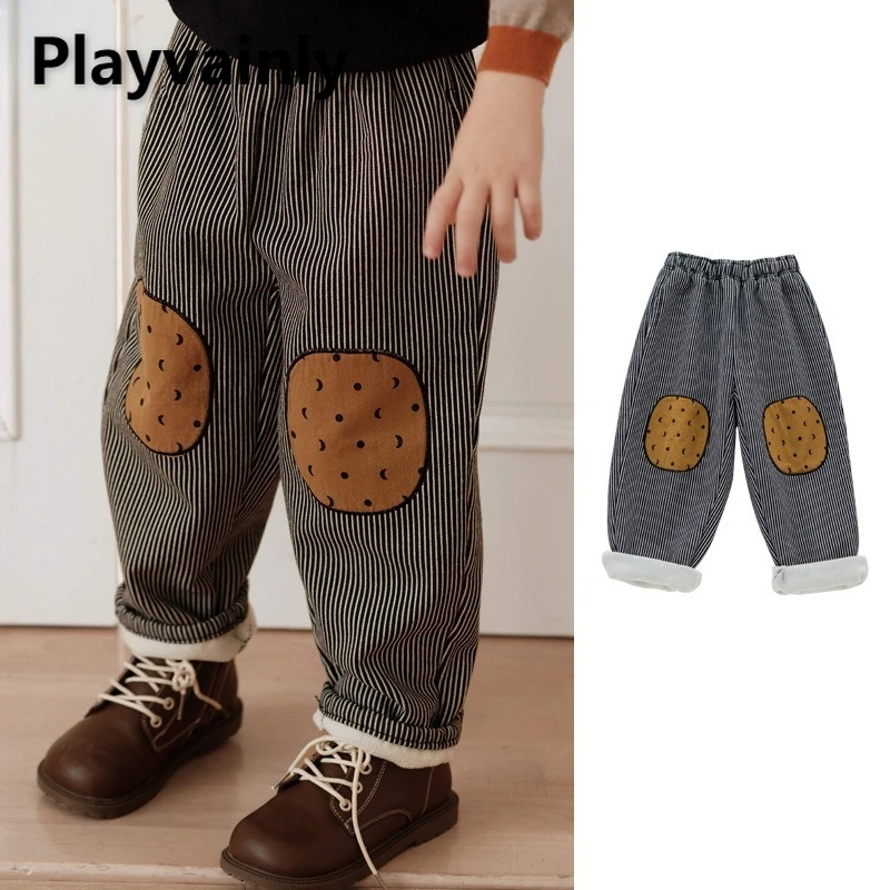 سميكة الصوف الفتيان السراويل الشتاء الأطفال مخطط زين عادية فضفاض مستقيم الساق السراويل طفل تنوعا ملابس خارجية W5235 #1