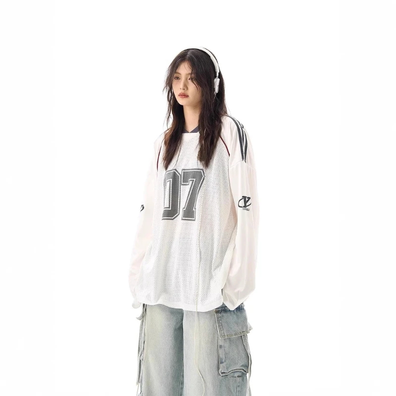 アメリカンストリートダンスコスチュームレトロスタイルVネックルーズ長袖ジャージスタイルTシャツファッショナブルなハイエンドトップ女性用