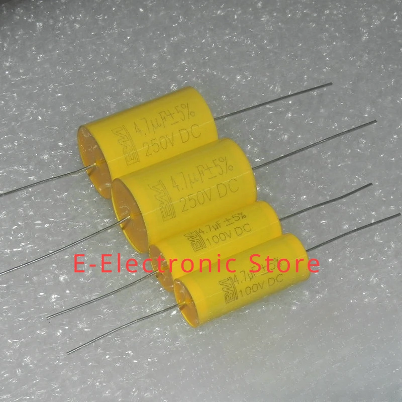 Capacitor de filme fino insensível axial do pé de cobre, 250V, 4.7UF, 475J, 100V, 4.7UF, 150V, 10 PCes pelo lote