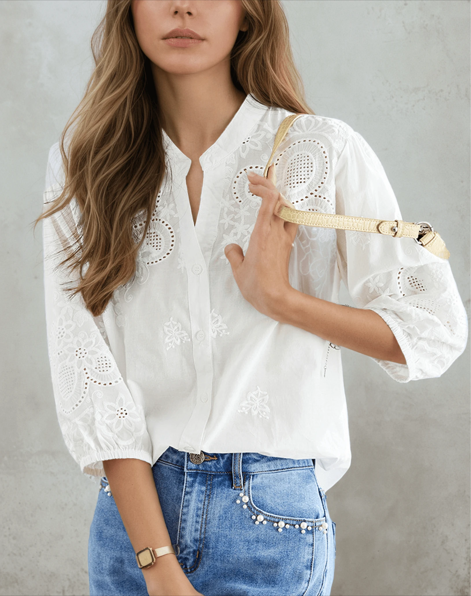 

100% Cotton Ladies Tops Floral Embroidery Hollow Out Lace Blouses Shirts Women Ethnic Puff Sleeve Csual Summer Blouse Boho Beach