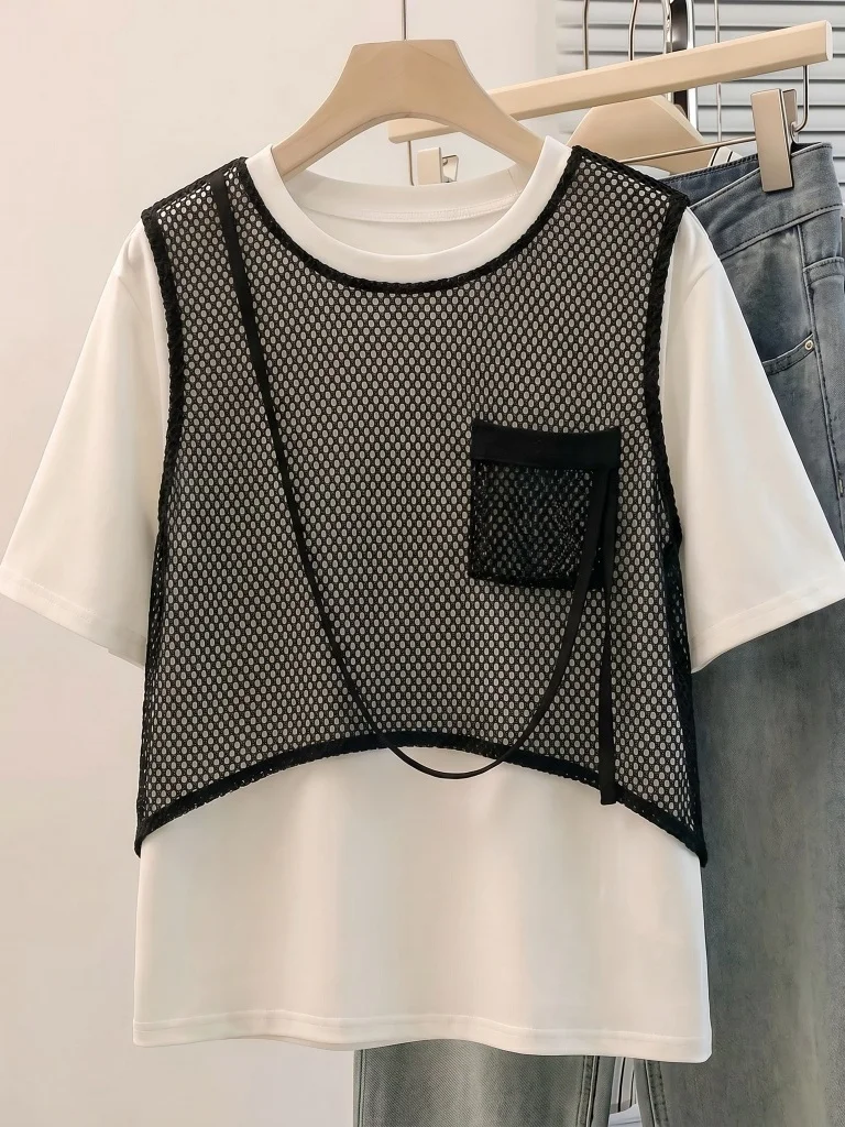 

Hollow out Short Sleeve T-Shirt Women plus Size Micro Fat MM Shoulder Length Upper Body Summer New Style Commute Style Loose Fit