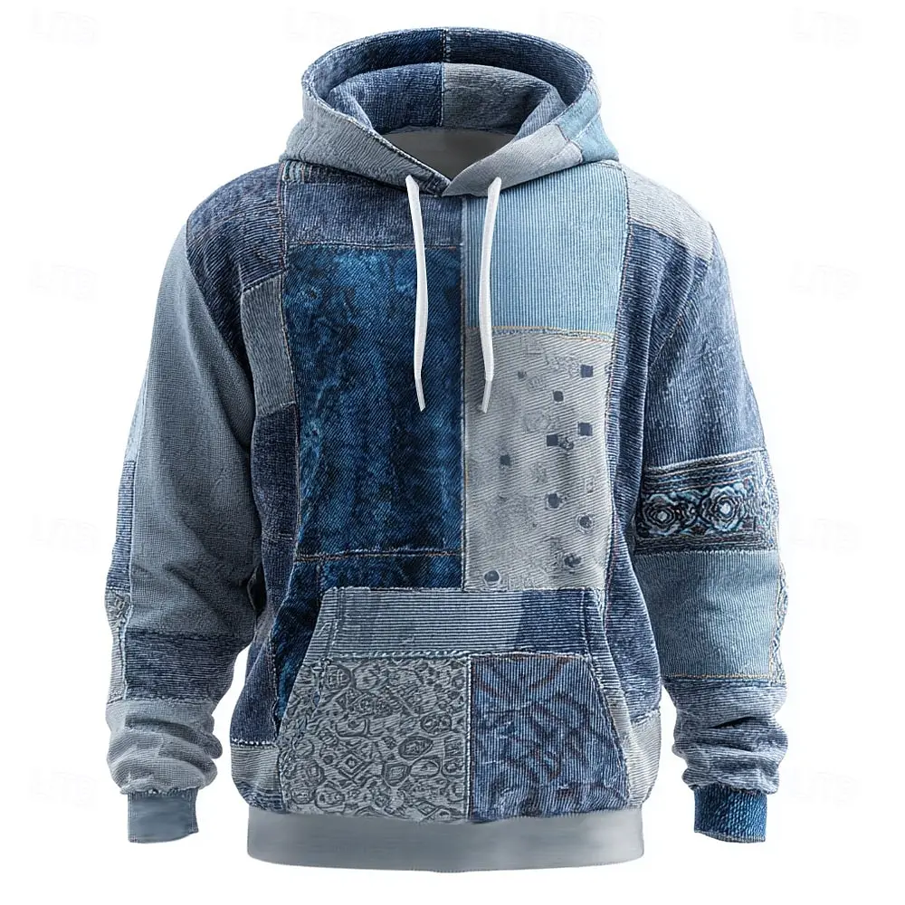 2025 Men's Geometric Plaid Hoodie, Fashion Crew Neck Sweatshirt, Casual Streetwear Style, Fall Winter Comfort Wear hoodies