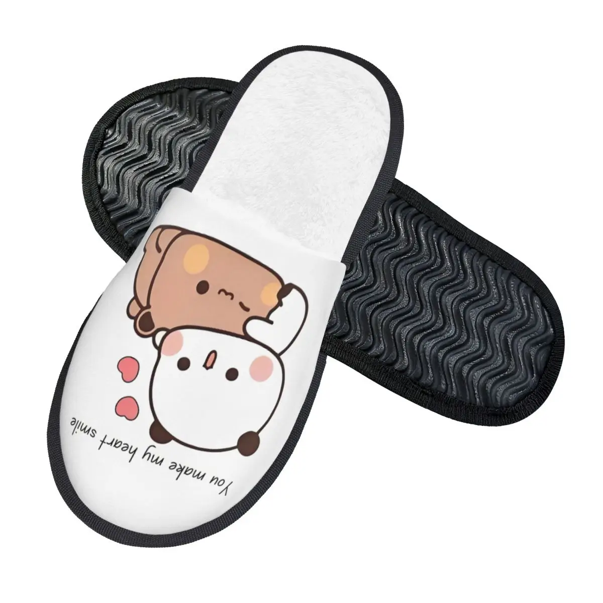 Custom Print Peach And Gomas Bubu Dudu Bear Panda House Slippers You Make My Heart Smile Memory Foam Fluffy Slipper Indoor Shoes