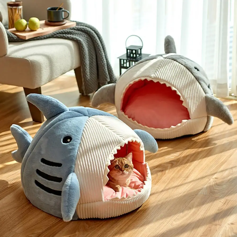 Creative Cat Nest Cartoon Shark Shape Big Mouth Thick Cute Animal Warm Rest And Sleep Semi-closed Pet Mini House Cat Supplies