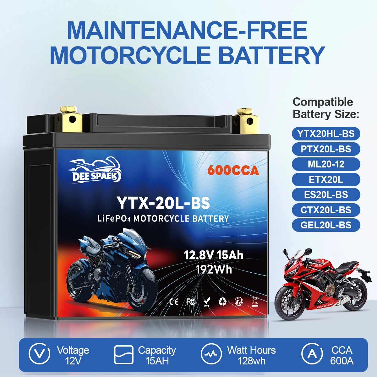 20L-BS 12V 4-15Ah Motorradbatterie LiFePO4 Starterbatterie 14L-BS 7A-BS 30L-BS CCA260-600A mit integriertem BMS für ATV UTV Roller