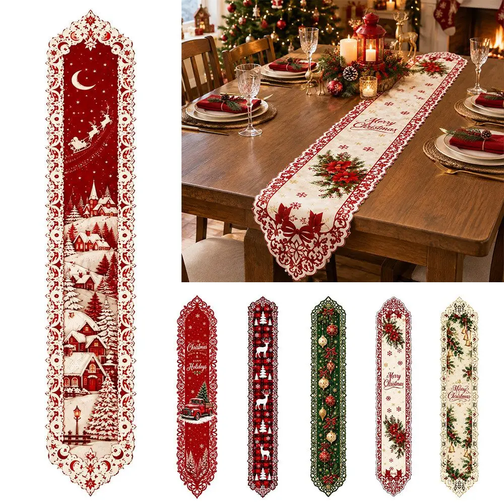 New Lace Edge Christmas Table Runner Christmas Print Classic Hollow Holiday Table Runner Table Cloth Flag Festive Table Decor