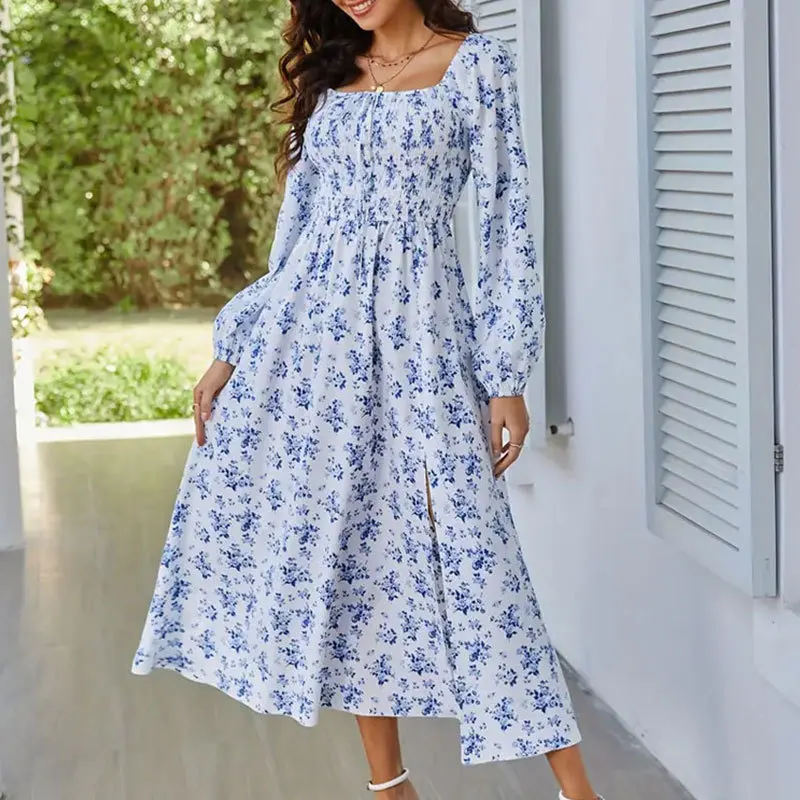 

New Romantic And Elegant Women'S Dress With Square Neckline, Long Sleeves, Slit, Floral Long Skirt