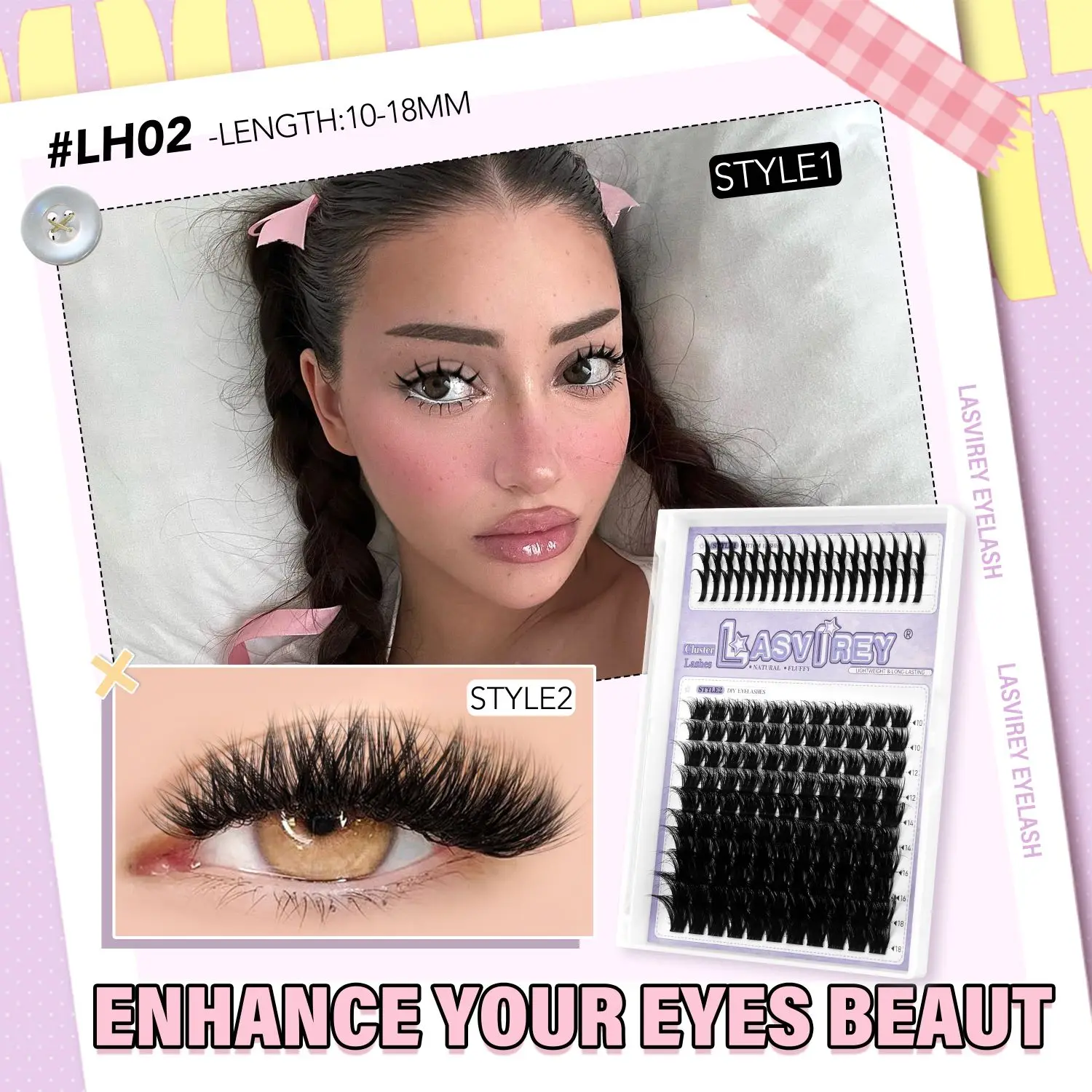 LASVIREY Aplique pestanas postiças DIY, pestanas postiças estilo manga com efeito espetado, pestanas individuais volumosas com curvatura D, extensão de pestanas mistas de vison. Maquilhagem.