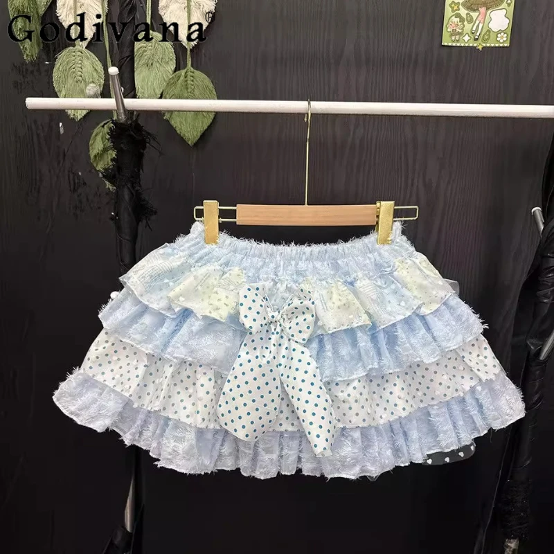 الأصلي الحلو الأزرق لوليتا تنورة المرأة الحب شبكة الدوبامين القوس رقيق كعكة تنورة السيدات عالية الخصر البولكا نقطة تنورة صغيرة