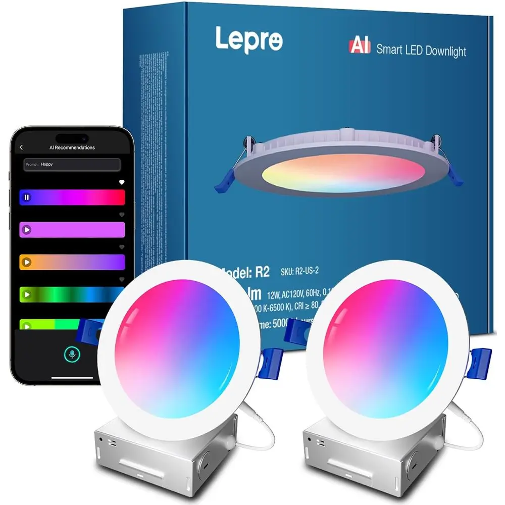 Luz LED Embutida de 6 Polegadas - Designer de Iluminação Personalizado com IA, Luzes Quentes Reguláveis que Sincronizam com Música, Downlights Inteligentes que Funcionam com Wi-Fi