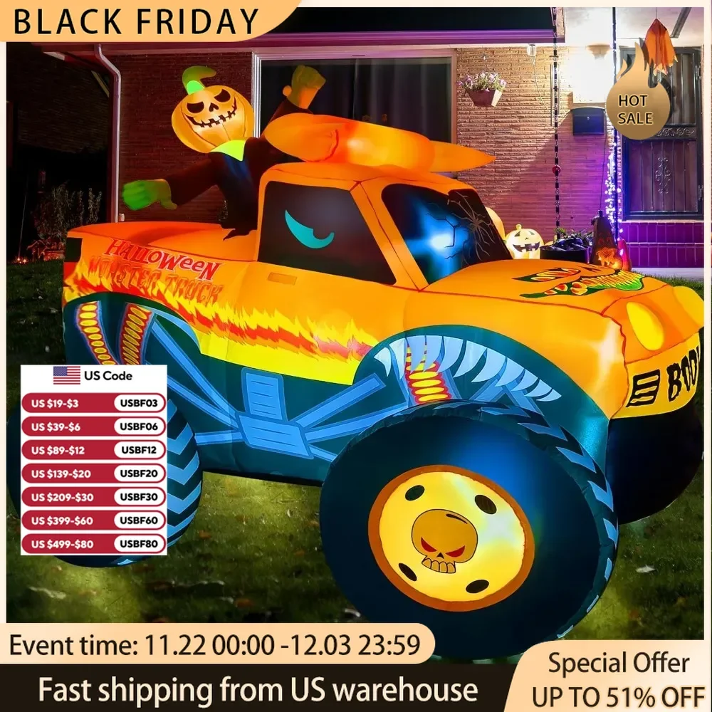 8FT Halloween Inflatable Truck Driving by Ghost Outdoor Decorations,Giant Inflatables Pumpkin on Car,Outside Festival Decoration