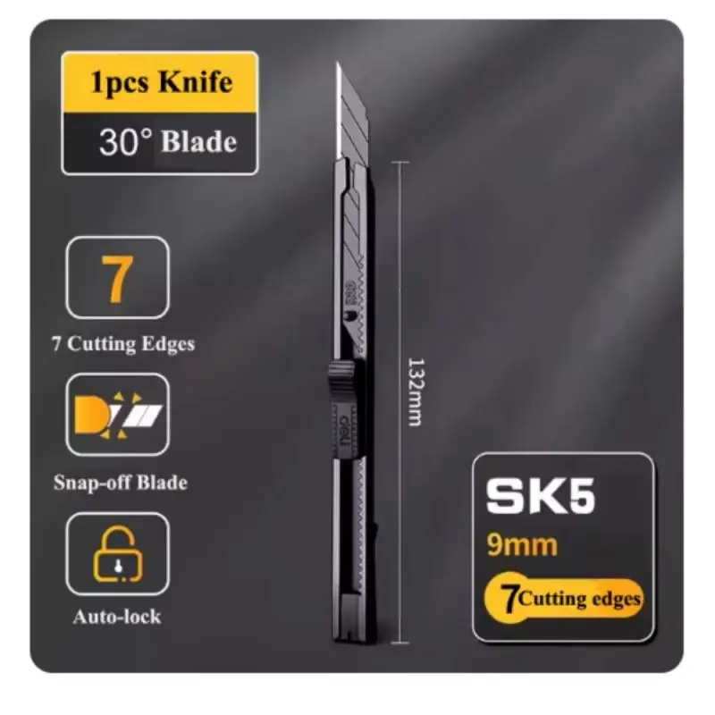 Deli-cuchillo utilitario negro de 9mm, cuchillas afiladas de acero al carbono de 30 grados, cuchillas Sk5, diseño de bloqueo automático para el hogar y la Oficina