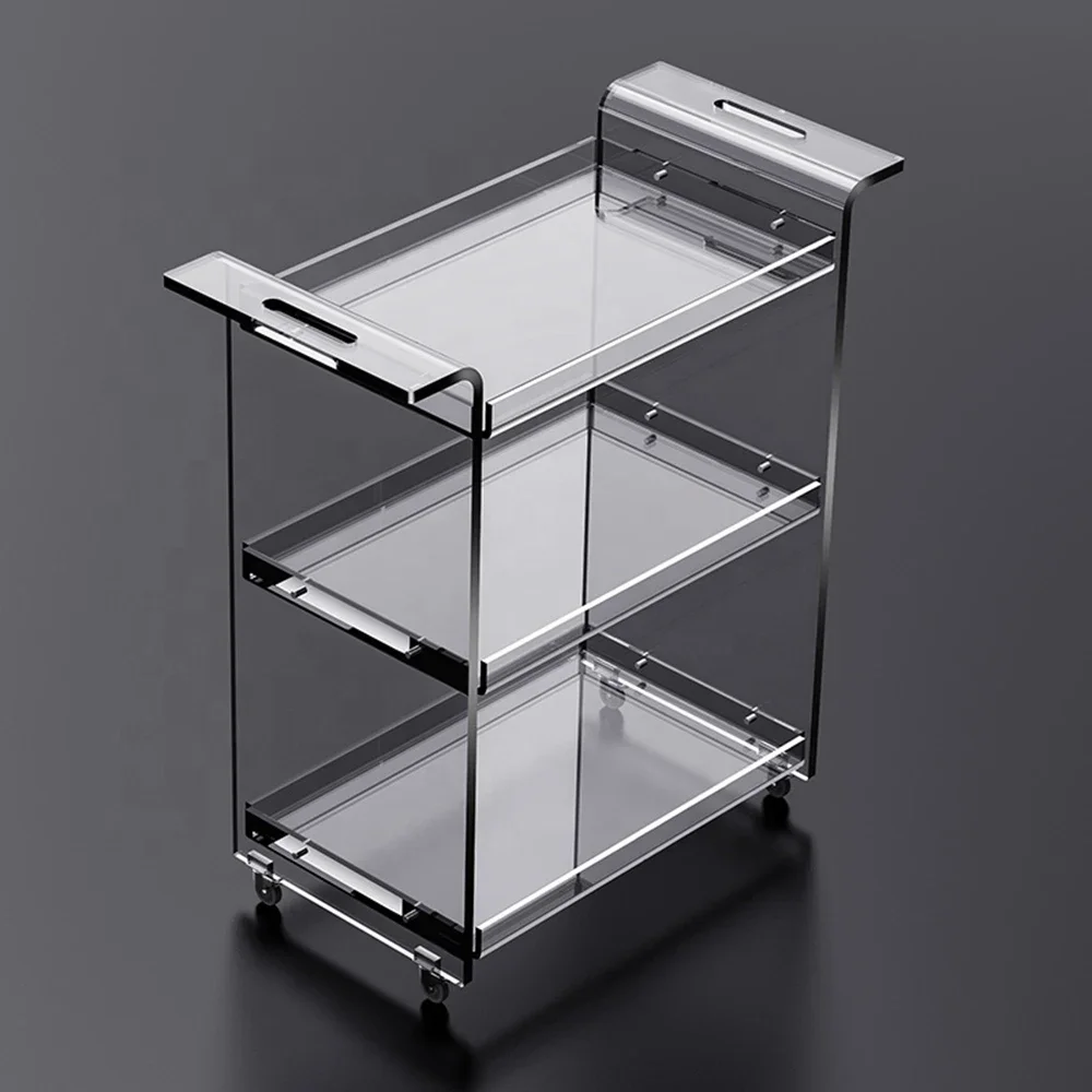 

2022 Easy assembly Saudi Arabia Style Hotel Tea Service Cart Trolley Clear 3 Tier Acrylic Bar Cart