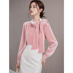Bow Tie Ribbon Gold Velvet Long-sleeved Shirt for Women Autumn and Winter Solid Color Korean Style Versatile Elegant Top