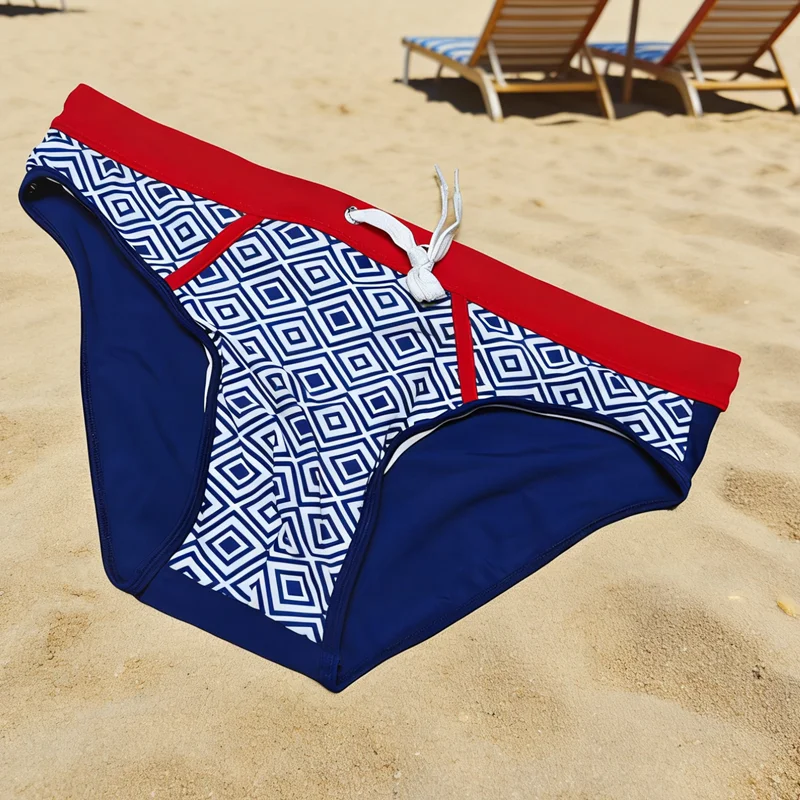 

Мужские плавки-брифы 2026 Youth Rhombus в европейском и американском стиле, облегающие, быстросохнущие, с низкой посадкой, для пляжа и моря, модель 10087