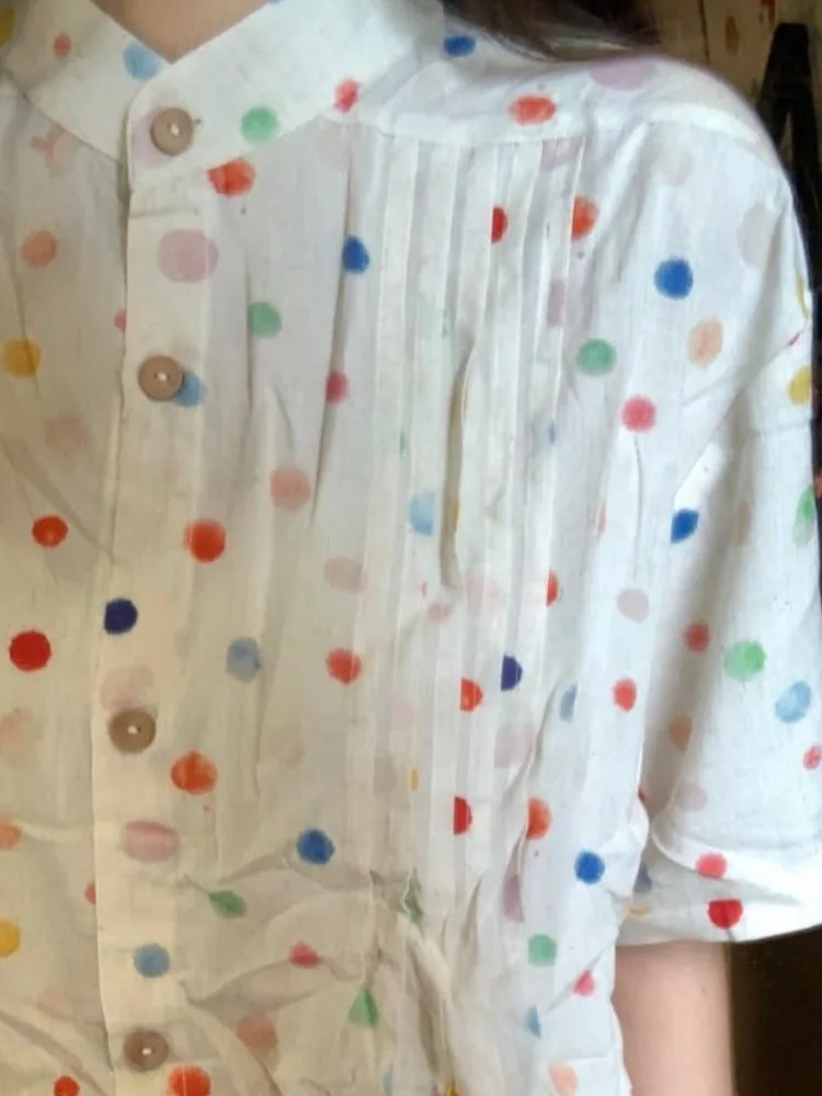 Japanese 2024 Colored Dot Loose Women Blouse Vintage Single Breasted Y2k Aesthetic Shirt Harajuku Grunge Turn Down Collar Blusas