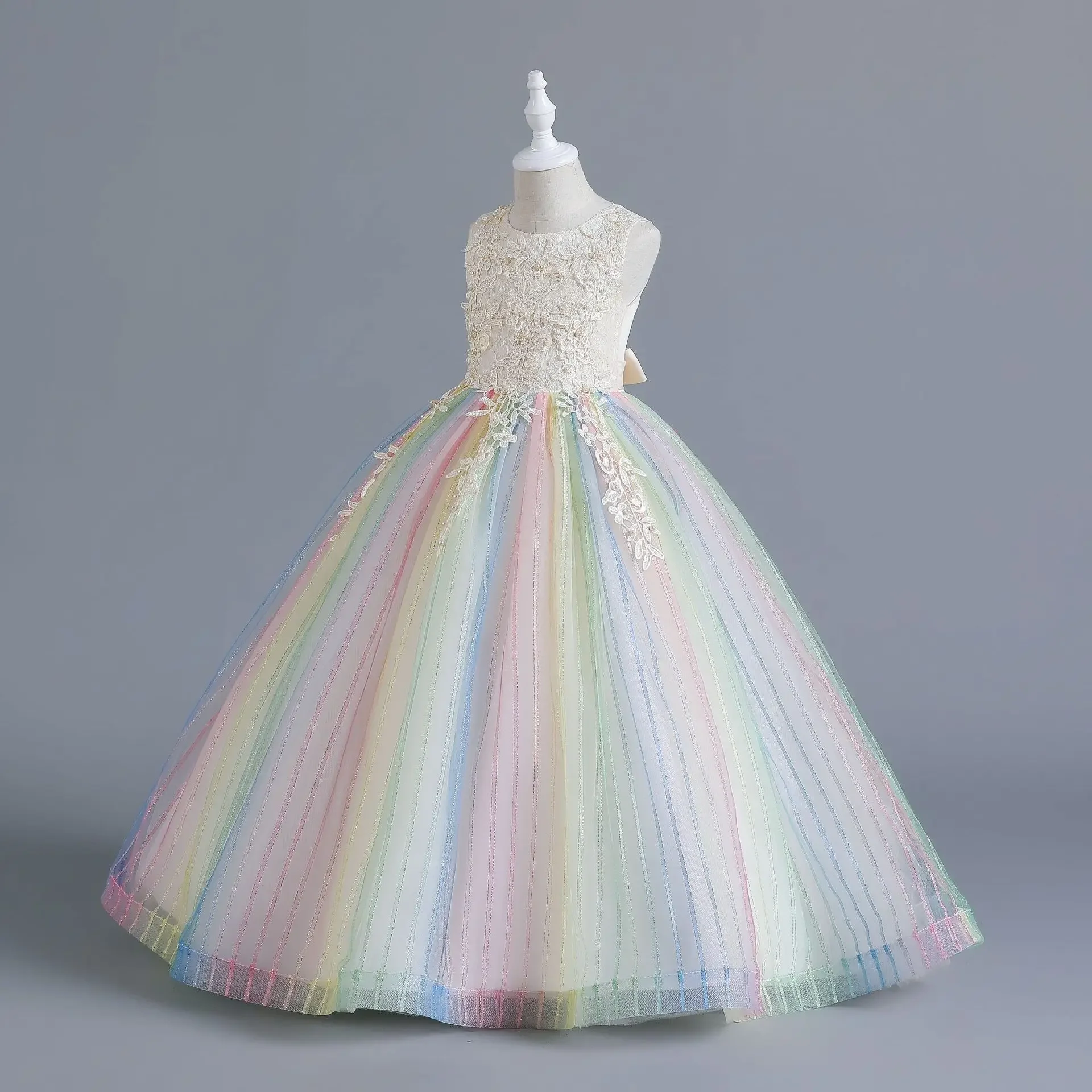 Rainbow Tulle Girl Evening Party Dress Long Lace Kids Pageant Gown For Weddings Christmas 6 8 10 12 14 Years