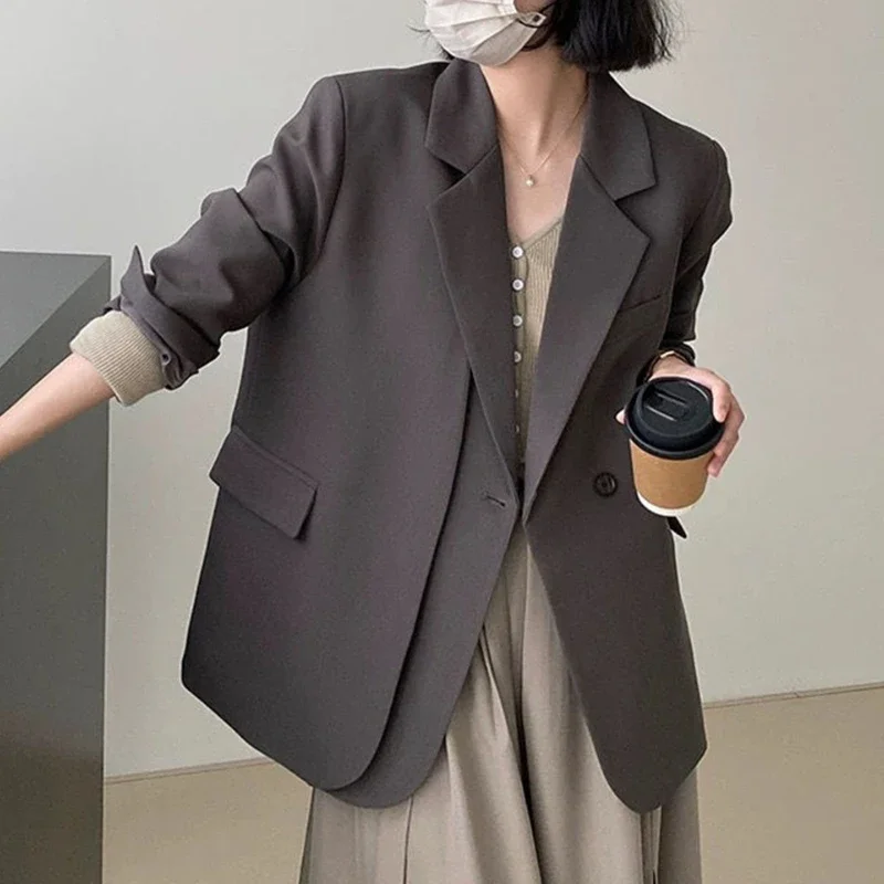 

EES new long sleeved single button office women's loose fitting women's coat gray casual suit