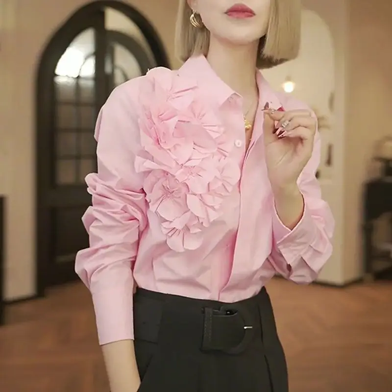 Luxury Pink Long Sleeve Blouse Women Summer New 3D Floral Design Office Commute Shirt