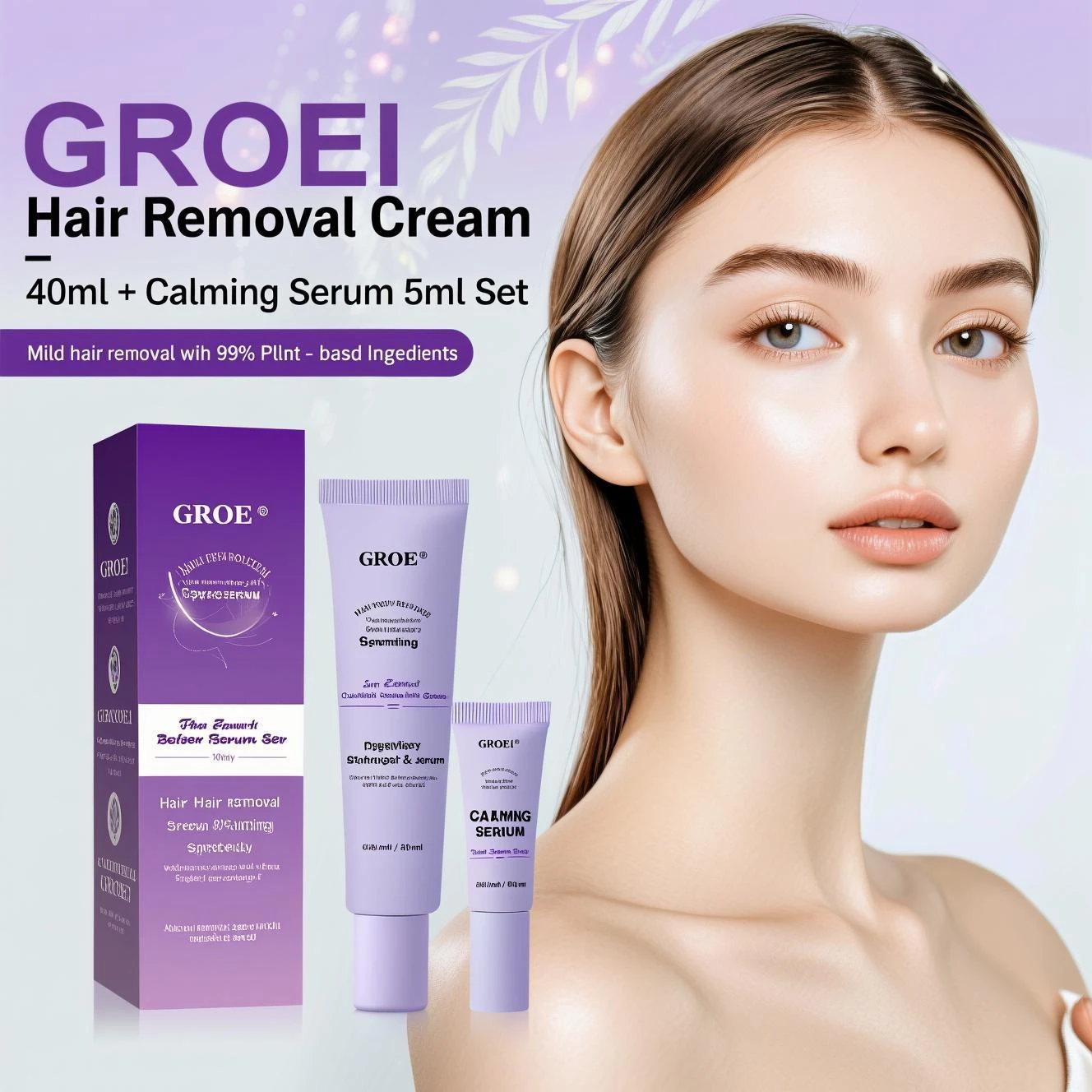 

GROEI Professional Hair Removal Cream & Soothing Serum Set 40ml+5ml - Gentle Facial Depilatory for Women/Men with Shea Butter